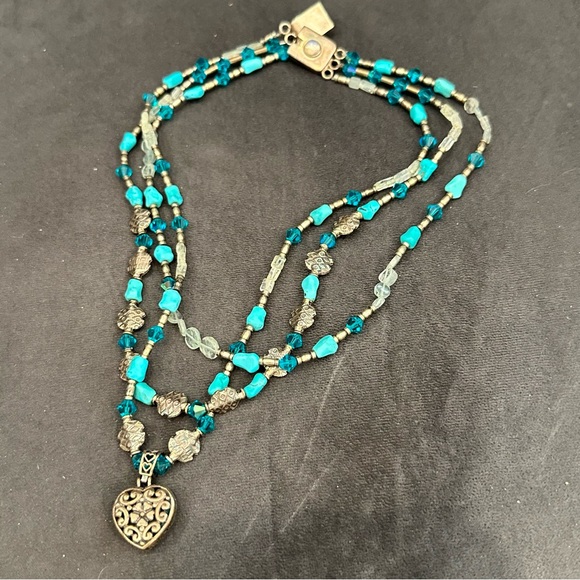 Reversible Heart Pendant Layered Turquoise & Sterling Silver Beaded Necklace - Picture 7 of 9